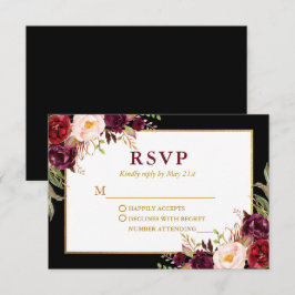Cartão RSVP Casamento Dourado da Borgonha Floral Elegante