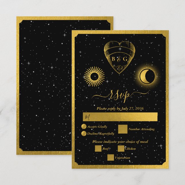 Cartão RSVP Casamento Dourado das Estrelas Celestiais Crescent (Frente/Verso)