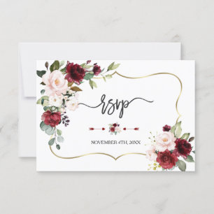 Cartão RSVP Casamento Dourado das Flores do Burgundy Blush