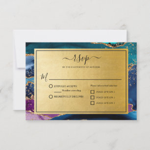 Cartão RSVP Casamento Dourado de Agata de Mármore com Glitter
