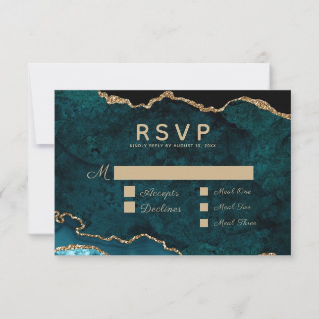 Cartão RSVP Casamento Dourado de Agata de Teal Seleção de Refe (Frente)