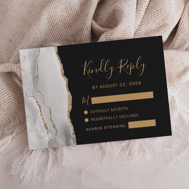 Cartão RSVP Casamento Dourado de Agate de Cinzas Modernas (Criador carregado)