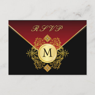 Cartão RSVP Casamento Dourado de Aniversário Negro Vermelho RS