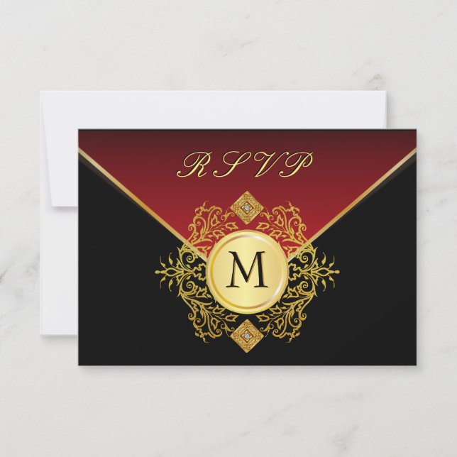 Cartão RSVP Casamento Dourado de Aniversário Negro Vermelho RS (Frente)