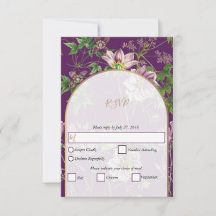 Cartão RSVP Casamento Dourado de Arca com Verde Floral Roxo