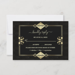 Cartão RSVP Casamento Dourado de Arte Negra Deco Fleur-de-Lis