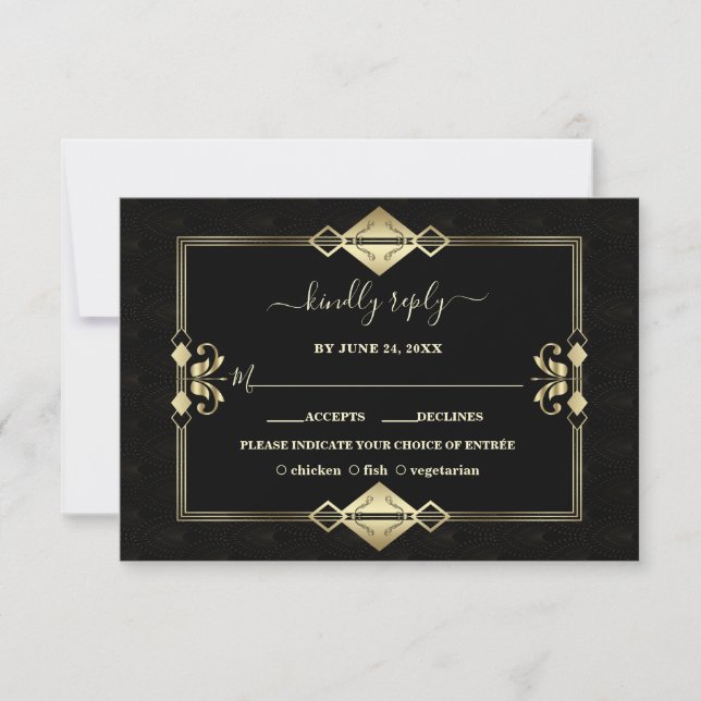 Cartão RSVP Casamento Dourado de Arte Negra Deco Fleur-de-Lis (Frente)