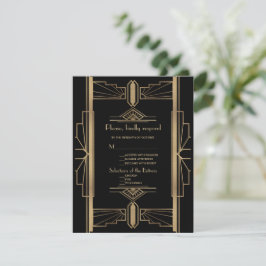 Cartão RSVP Casamento Dourado de arte negra do luxo de 1920