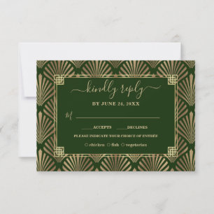Cartão RSVP Casamento Dourado de Arte Verde Escura Luxuosa