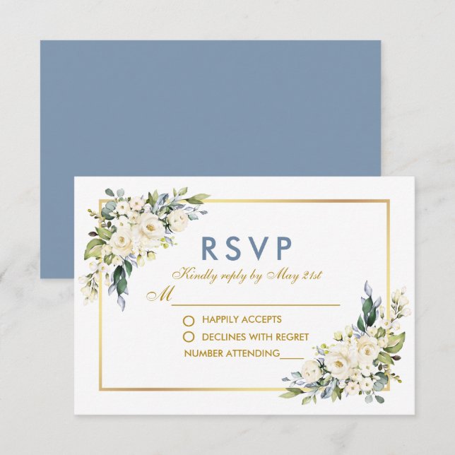 Cartão RSVP Casamento Dourado de Azul com Dusta Azul Branco e  (Frente/Verso)
