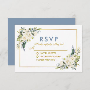 Cartão RSVP Casamento Dourado de Azul com Dusta Azul Branco e