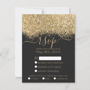 Cartão RSVP Casamento Dourado de Brilhante Negra Confetti, mod