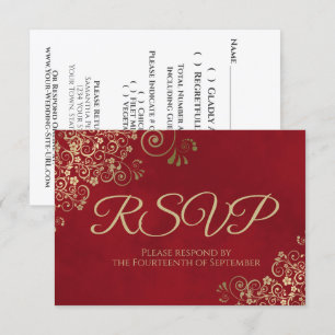 Cartão RSVP Casamento Dourado de cadarço de Crimson Vermelho e