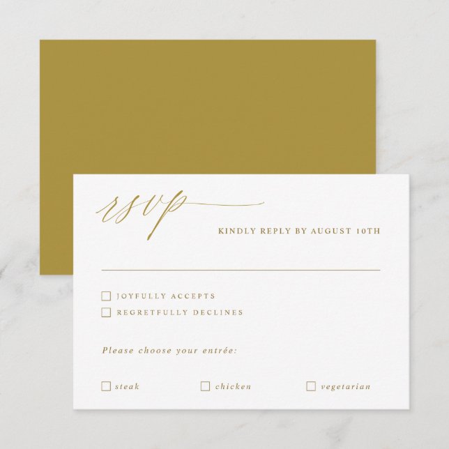 Cartão RSVP Casamento Dourado de Caligrafia Elegante (Frente/Verso)