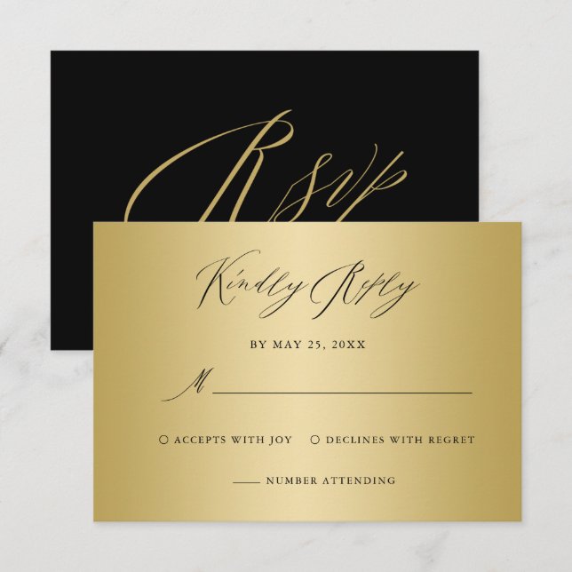 Cartão RSVP Casamento Dourado de caligrafia Elegante (Frente/Verso)