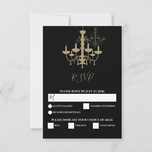 Cartão RSVP Casamento Dourado de Chandelier Elegante (Frente)