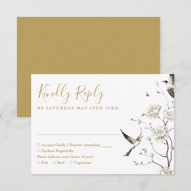Cartão RSVP Casamento Dourado de Chinoiserie Floral Garden Ele (Frente/Verso)