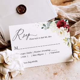 Cartão RSVP Casamento Dourado de Confetti Vermelho-Branco-Crim