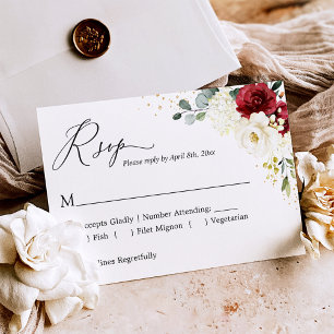 Cartão RSVP Casamento Dourado de Confetti Vermelho-Branco-Crim