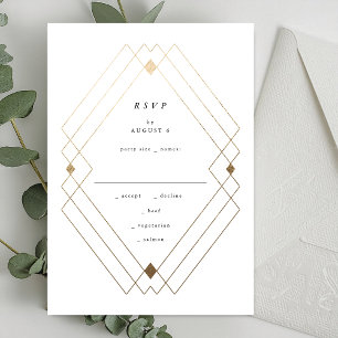 Cartão RSVP Casamento Dourado de Deco Gatsby Branco Diamond
