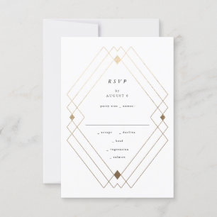Cartão RSVP Casamento Dourado de Deco Gatsby Preto Diamante