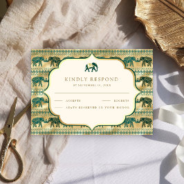 Cartão RSVP Casamento Dourado de Elefante Cream Emerald Green
