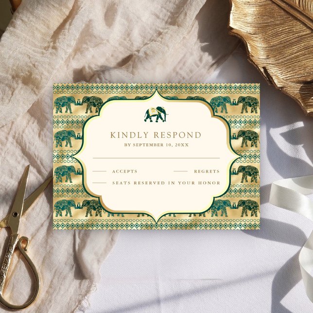Cartão RSVP Casamento Dourado de Elefante Cream Emerald Green (Criador carregado)