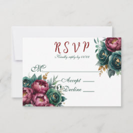 Cartão RSVP Casamento Dourado de Elegante Burgundy Emerald Peo