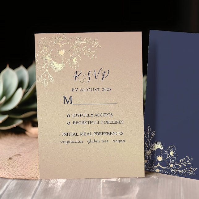 Cartão RSVP Casamento Dourado de Elegante Marinho Azul e Rosa (Criador carregado)