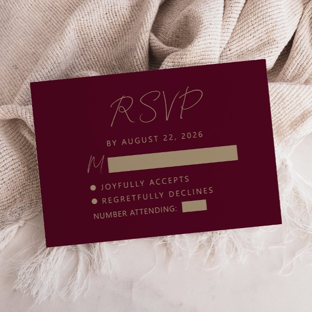 Cartão RSVP Casamento Dourado de Escrita Manual Burgundy (Criador carregado)