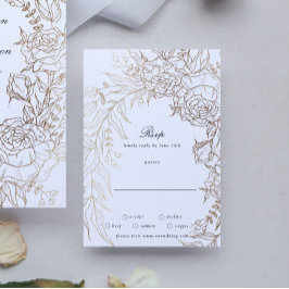 Cartão RSVP Casamento Dourado de Esmeraldas Negras Brancas Flo