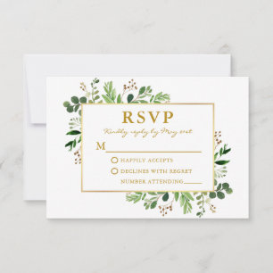 Cartão RSVP Casamento Dourado de Eucalyptus com Aquarela Verde