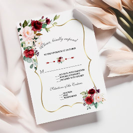Cartão RSVP Casamento Dourado de Flores de Blush com Borgonha 