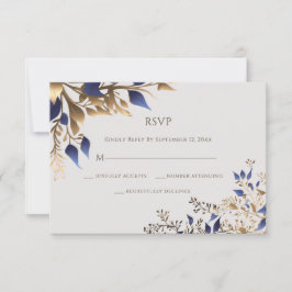 Cartão RSVP Casamento Dourado de Folha Azul Elegante