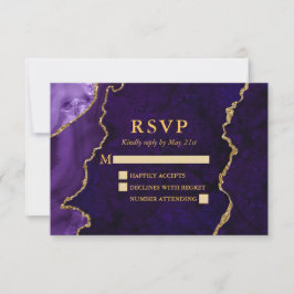 Cartão RSVP Casamento Dourado de Geodo de Agato de Marble Púrp