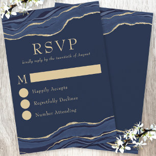Cartão RSVP Casamento Dourado de Glitter de Agato Azul-marinho