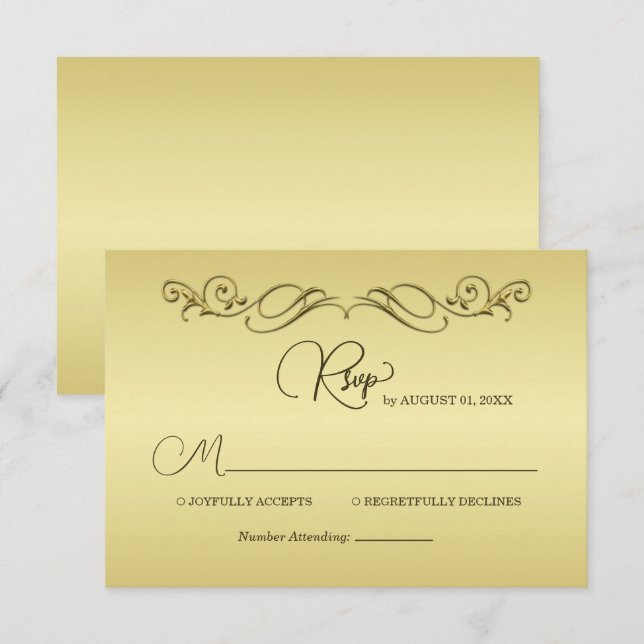 Cartão RSVP Casamento Dourado de luxo elegante (Frente/Verso)