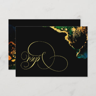 Cartão RSVP Casamento Dourado de Luxury Black Emerald