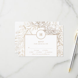 Cartão RSVP Casamento Dourado de Monograma Branco Elegante