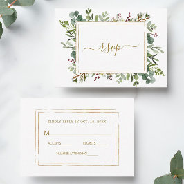 Cartão RSVP Casamento Dourado de Natal de Greenery Botânico