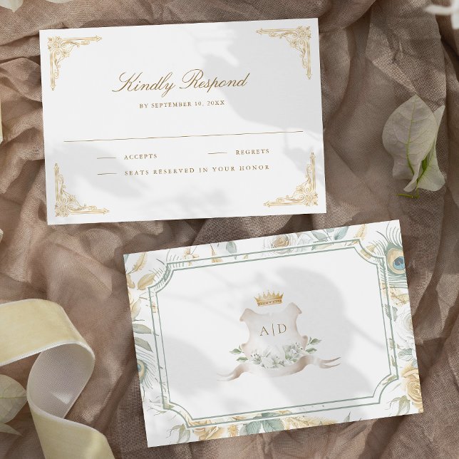 Cartão RSVP Casamento Dourado de Pavão Branco da Índia (Criador carregado)