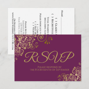 Cartão RSVP Casamento Dourado de rendas do Cassis Purple ou Ma