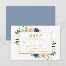 Cartão RSVP Casamento Dourado de Rosas de Aquarela Azul-Rosa D