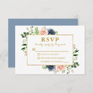 Cartão RSVP Casamento Dourado de Rosas de Aquarela Azul-Rosa D