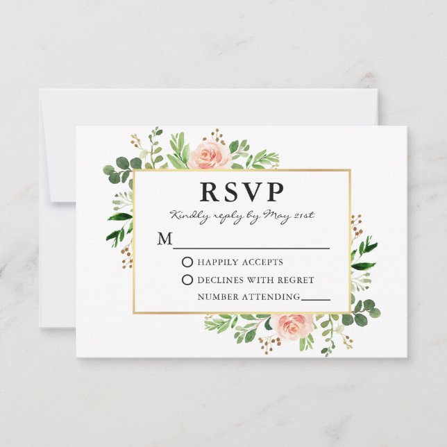 Cartão RSVP Casamento Dourado de Rosas Rosa de Moldura (Frente)