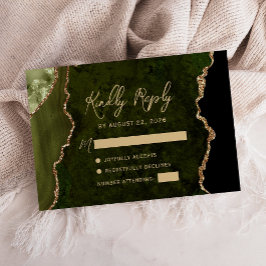 Cartão RSVP Casamento Dourado de Script Agate Verde-Oliva