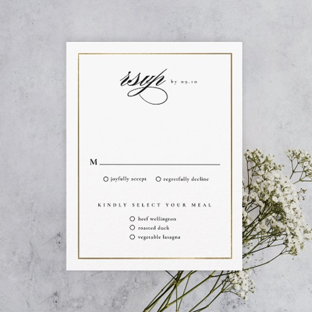 Cartão RSVP Casamento Dourado de Script Elegante Clássico (Elegant calligraphy wedding invitation RSVP enclosure card.)