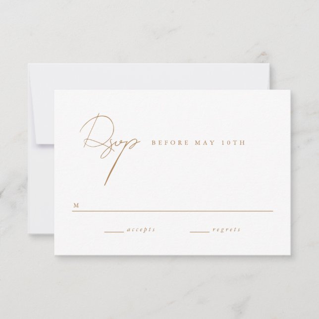 Cartão RSVP Casamento Dourado de Script Minimalista Elegante (Frente)