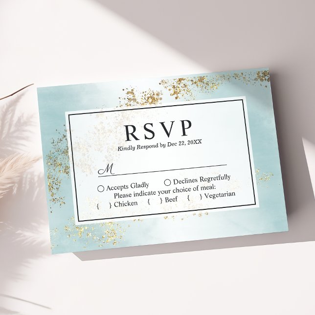 Cartão RSVP Casamento Dourado de Teal Mist de Luxo Moderno (Criador carregado)