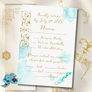 Cartão RSVP Casamento Dourado de Teal Vintage Calliografia Bar